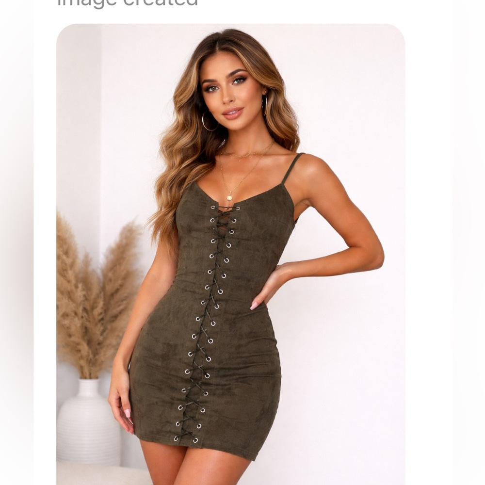 Army Green Lace-up Bodycon Mini Dress | Suede Look | Adjustable Straps Sz S